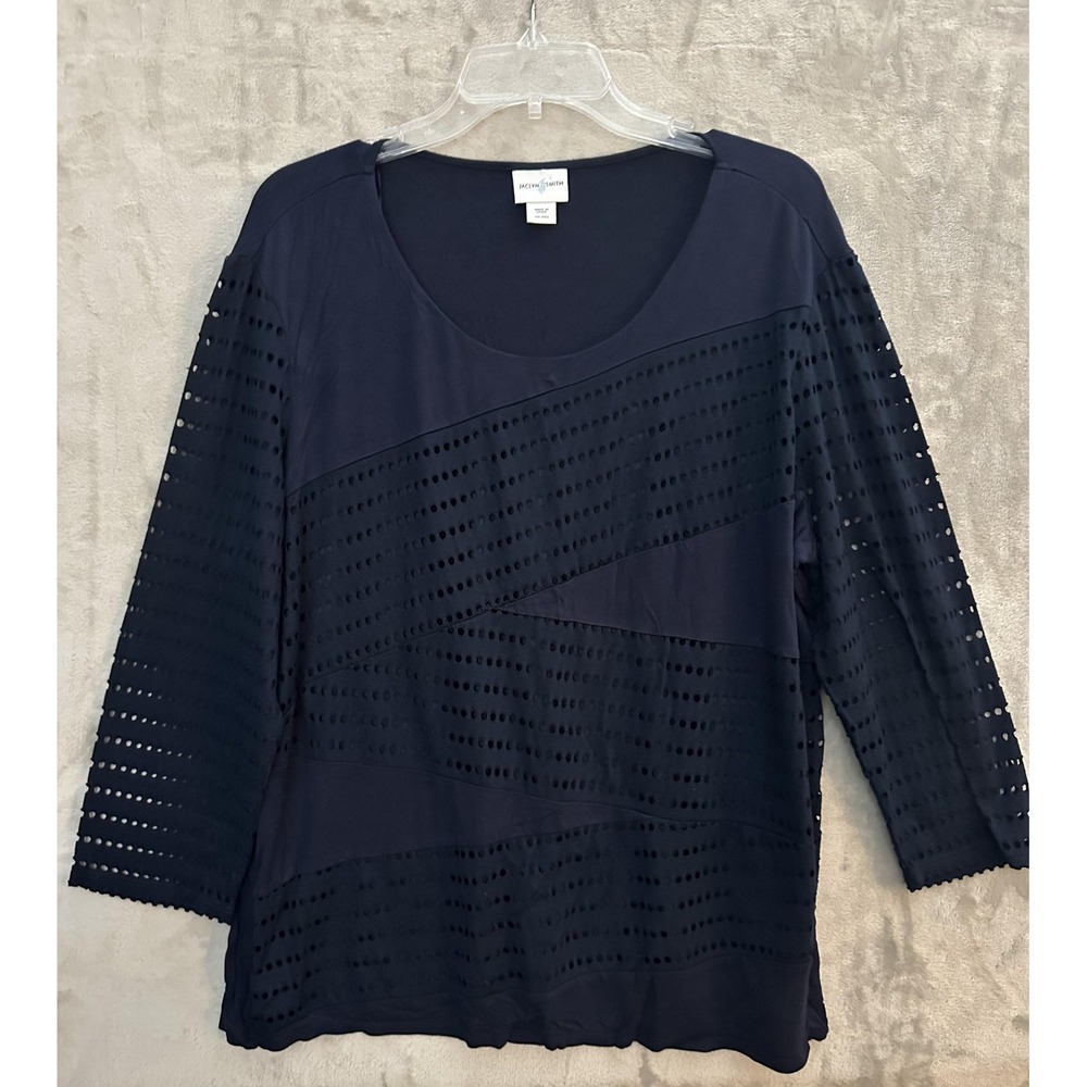 Jaclyn Smith Top Womens 2XL Navy Blue 3/4 Sleeve Textured Eyelet Pullover shirt